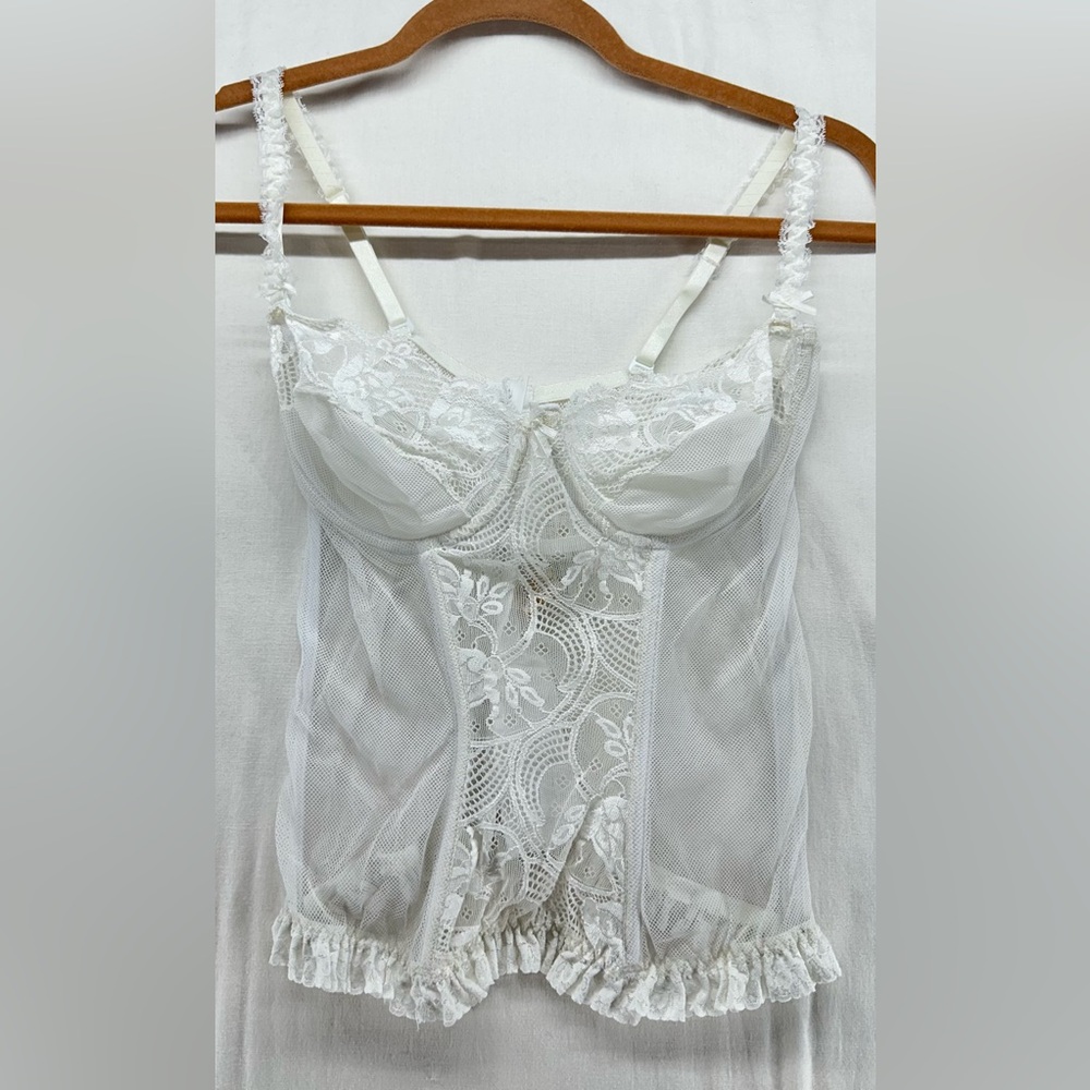Vintage Victoria's Secret White Bustier Corset Lingerie 36C Mesh Lace Gold Label